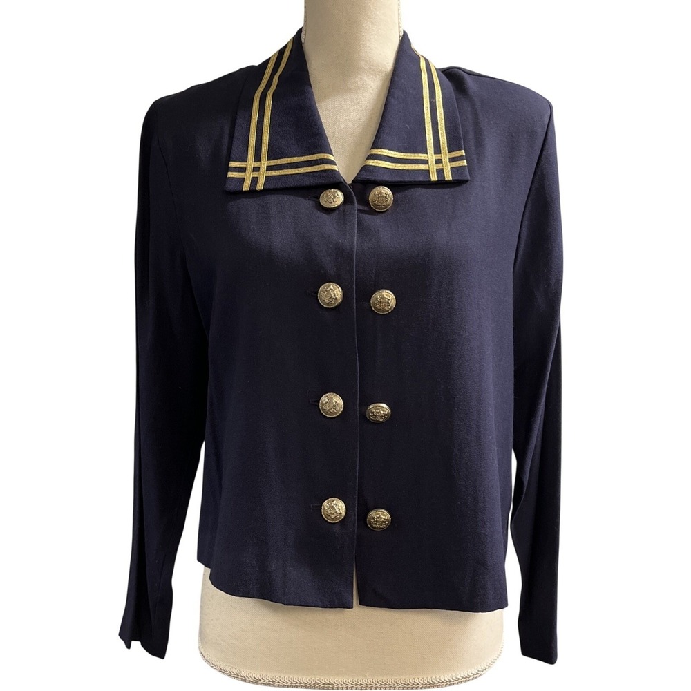 Vintage Miss Dorby Jacket Blue Military Cropped Gold Tone Crest Buttons Trim 14P